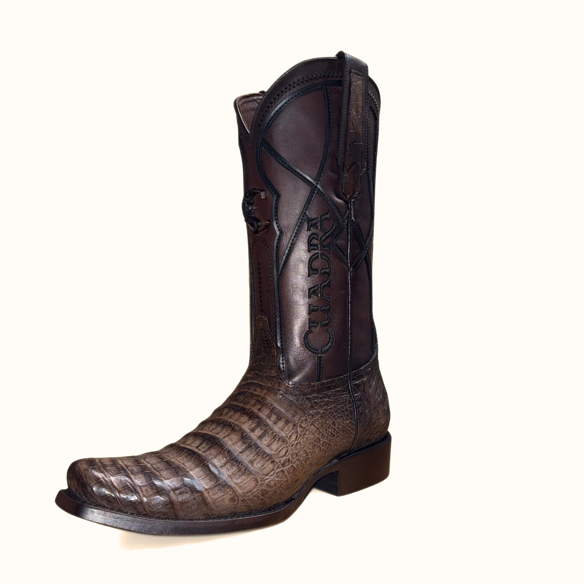 Cuadra Men’s Brown Caiman Embroidery and Woven Narrow Square Toe Boot angled view in brown leather