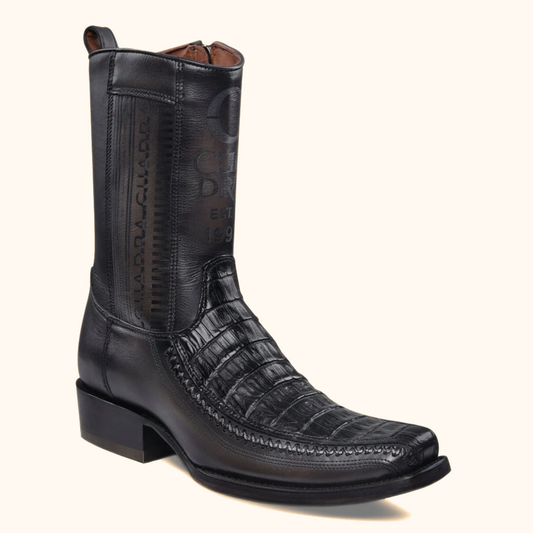 Front angled view of Cuadra Plunge Black Caiman Laser & Woven Narrow Square Toe Boot