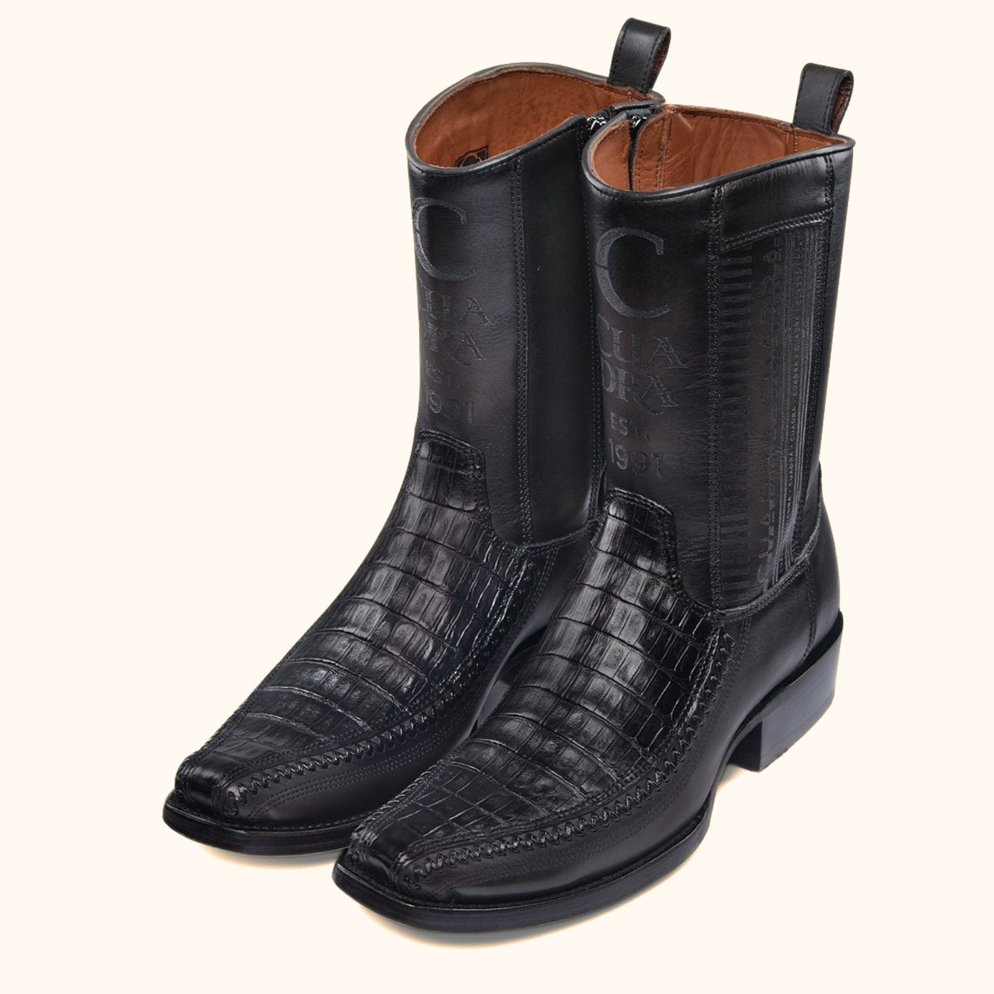 Pair of Cuadra Plunge Black Caiman Laser & Woven Narrow Square Toe Boots