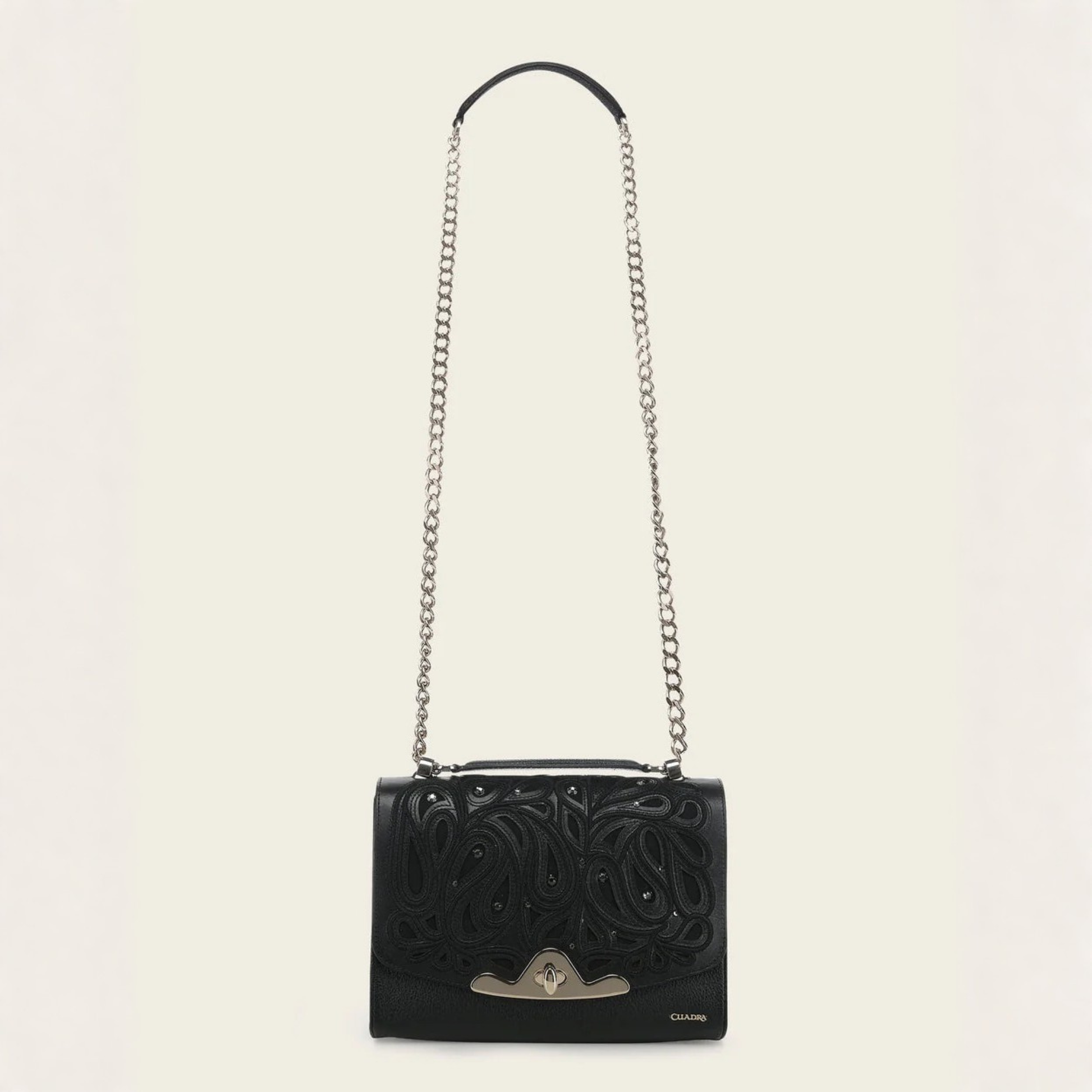 Cuadra Black Leather Crystal Shoulder Bag crossbody strap view