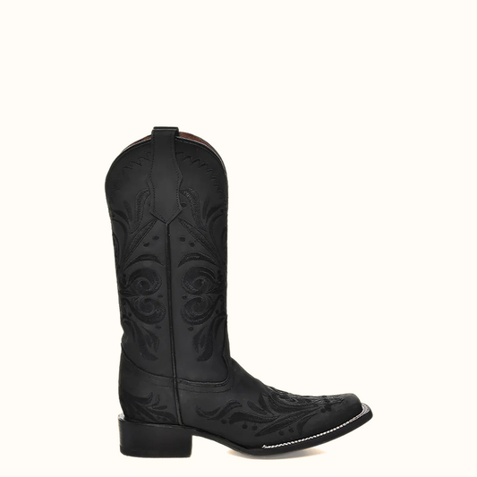 Side profile view of Corral Black Embroidered Square Toe Cowboy Boots