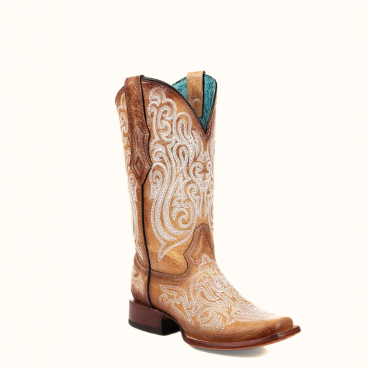 Front angled view of Corral Blue Luminescent Embroidery Straw Square Toe Cowboy Boots