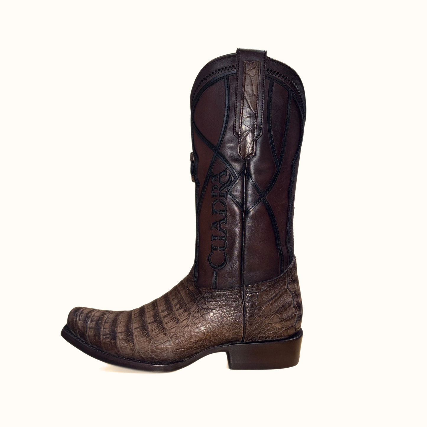 Cuadra Men’s Brown Caiman Embroidery and Woven Narrow Square Toe Boot side view in brown leather