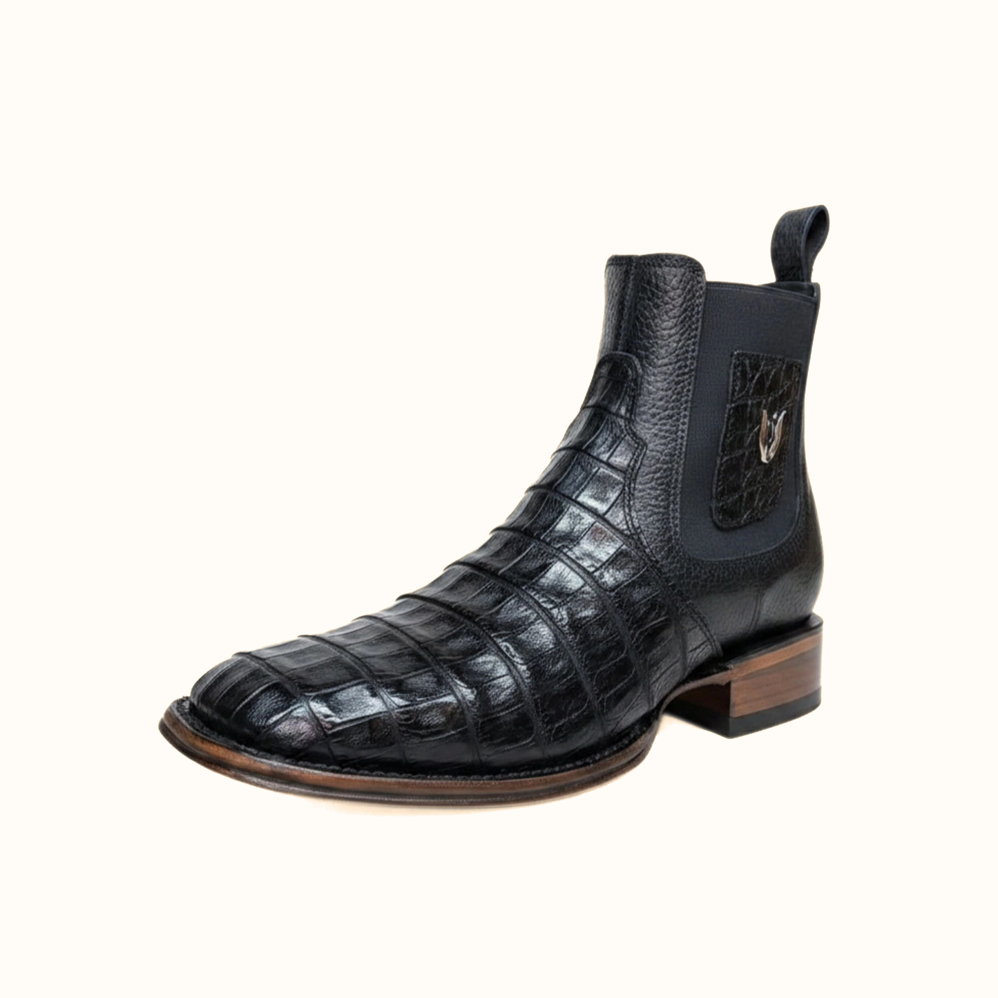 Vestigium Black Caiman Belly Boot angled side view in black exotic leather