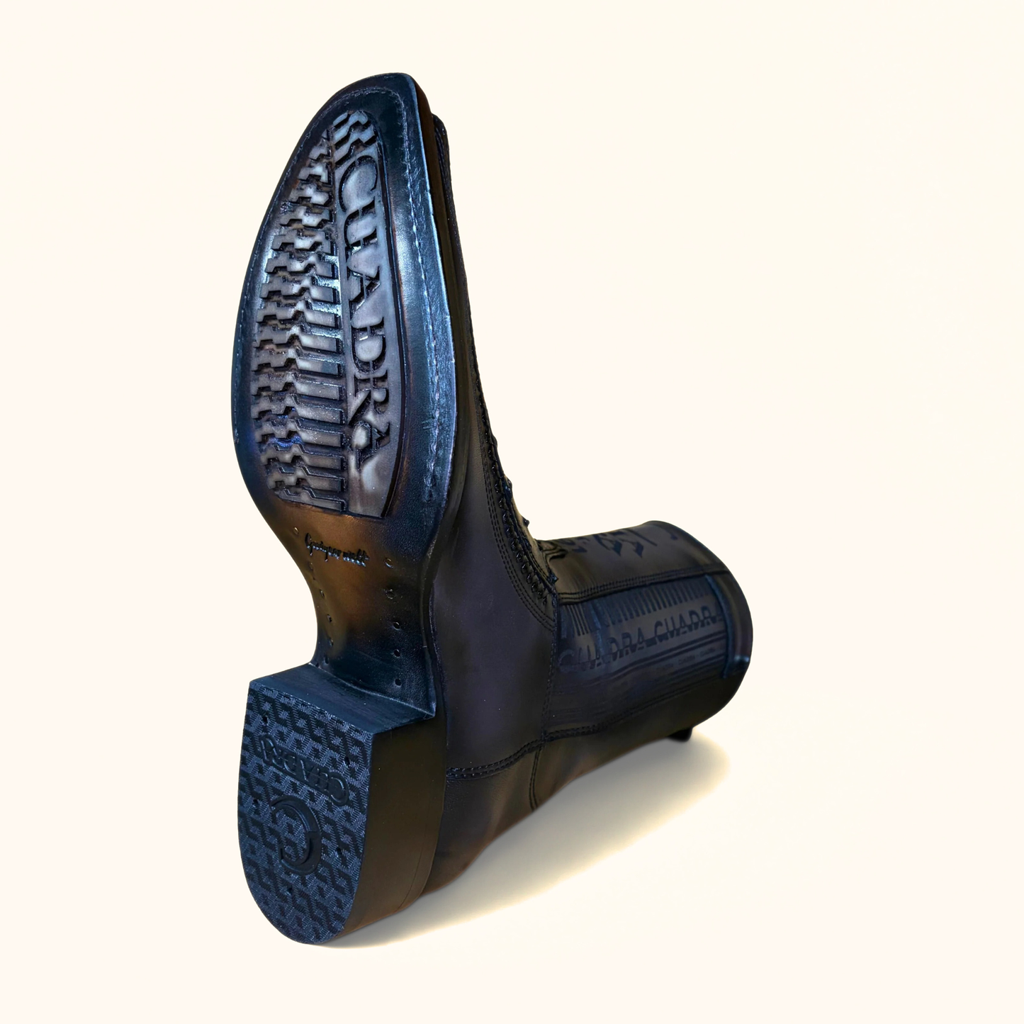 Cuadra Black Ostrich Lazer & Woven Narrow Square Toe Boots outsole view showing tread