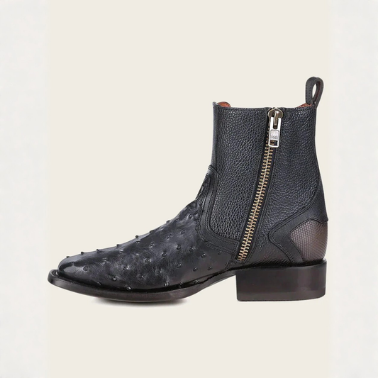 Side profile view of Cuadra Black Ostrich Zipper & Elastic Square Toe Boot