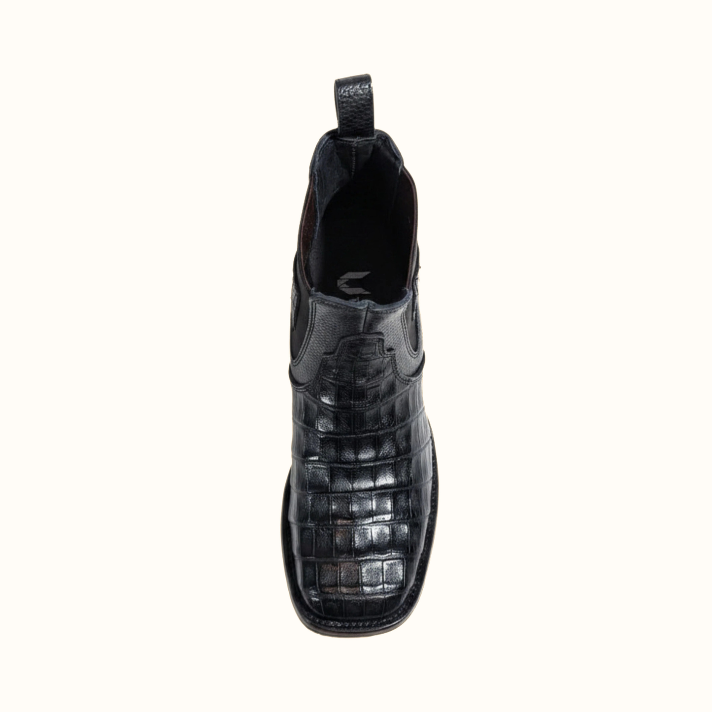 Vestigium Black Caiman Belly Boot top view with pull tabs