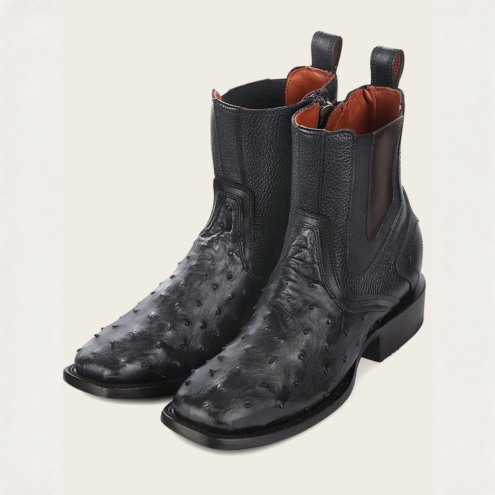Pair of Cuadra Black Ostrich Zipper & Elastic Square Toe Boots