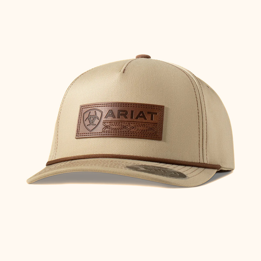 Ariat FlexFit 110 Faux Leather Patch Snapback Cap Khaki front angle view