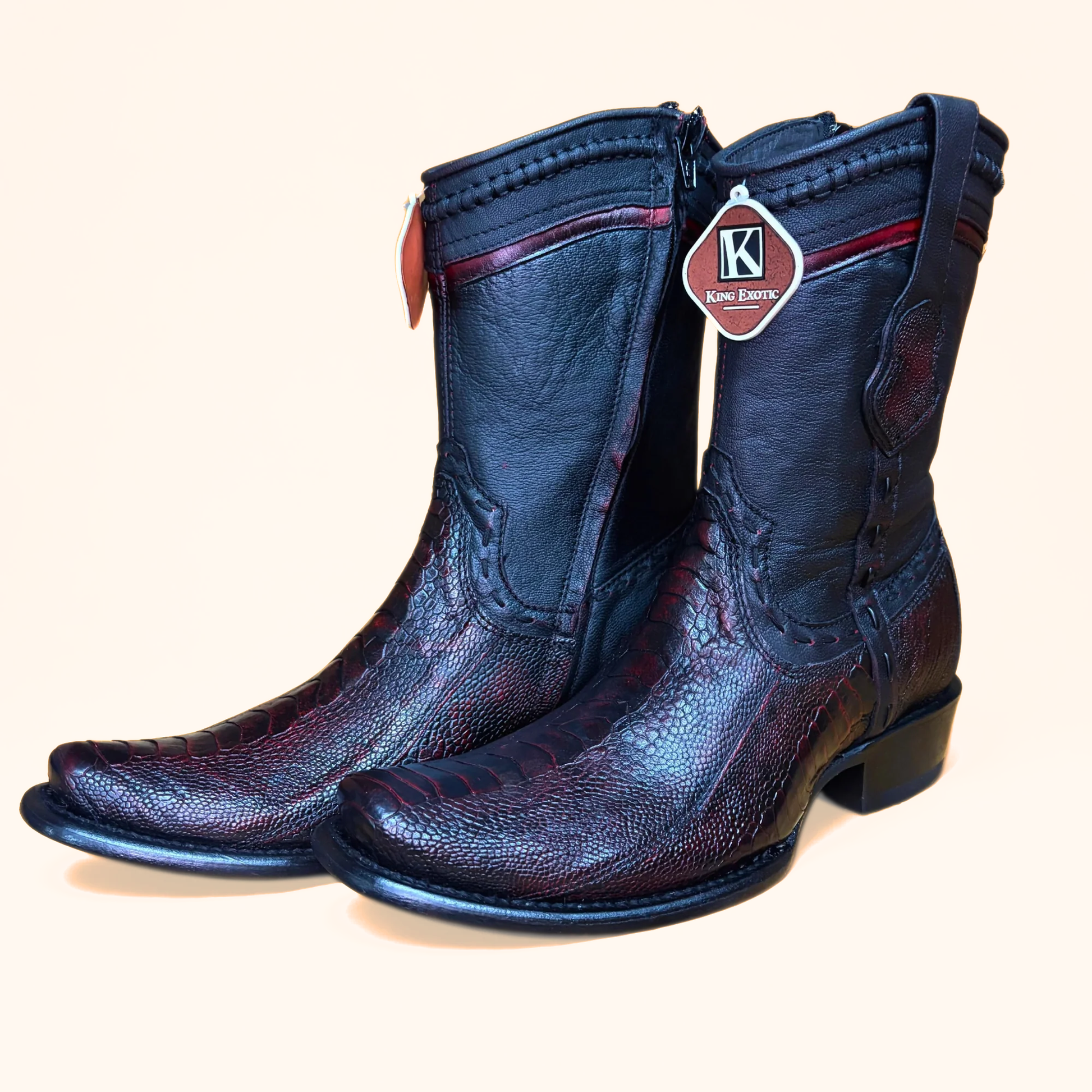 King Exotic Black Cherry Ostrich Leg Short Boot pair view