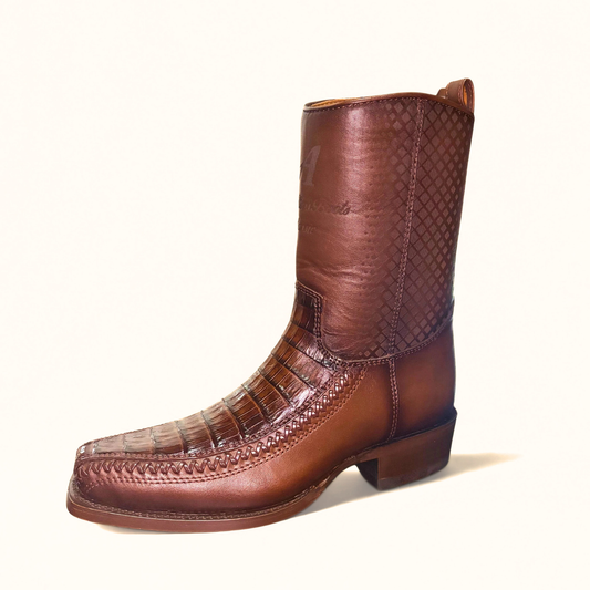 Brown caiman belly Western boot angled view