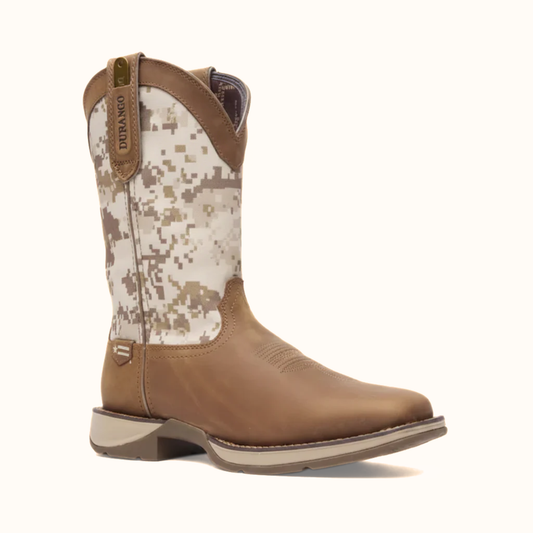 Durango Rebel Desert Camo Pull-On Western Boot angled side view in tan and camo