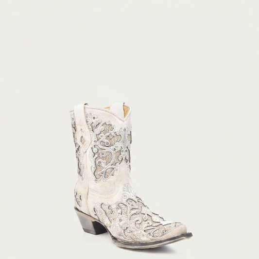 Corral white glittered wedding cowboy bootie with crystal accents front angle view