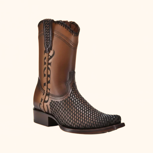 Front angled view of Cuadra Denver Brown Laser & Woven Narrow Square Toe Boot