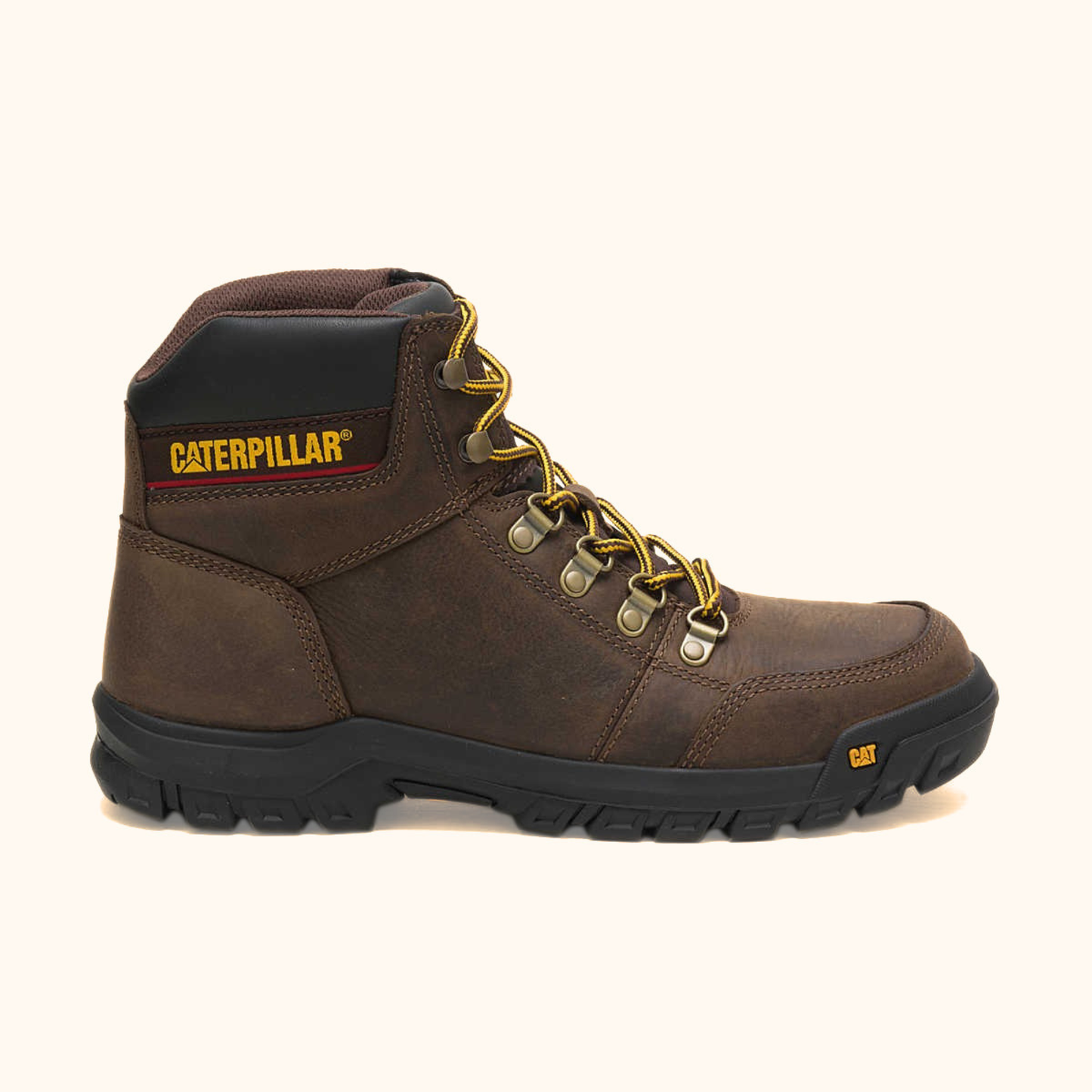 CAT Outline Work Boot opposite side view in brown leather