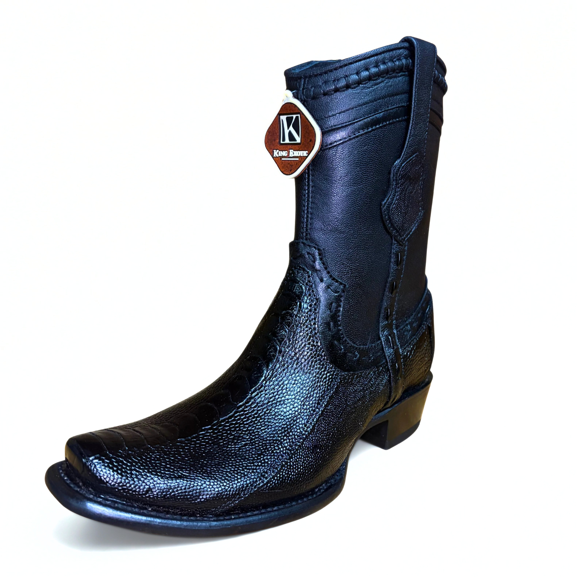 King Exotic Black Ostrich Leg Dubai Short Boot front angle view