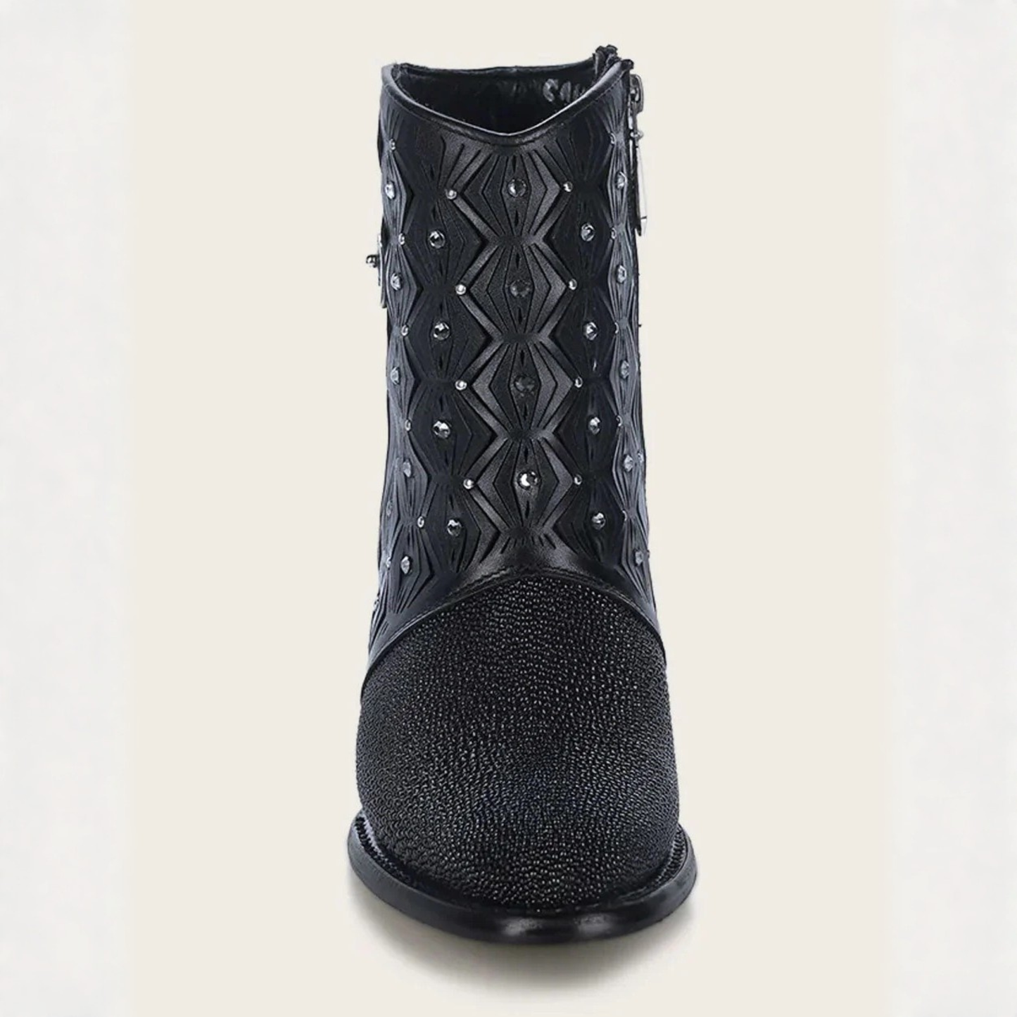 Cuadra Black Stingray Crystal Ankle Bootie front profile view