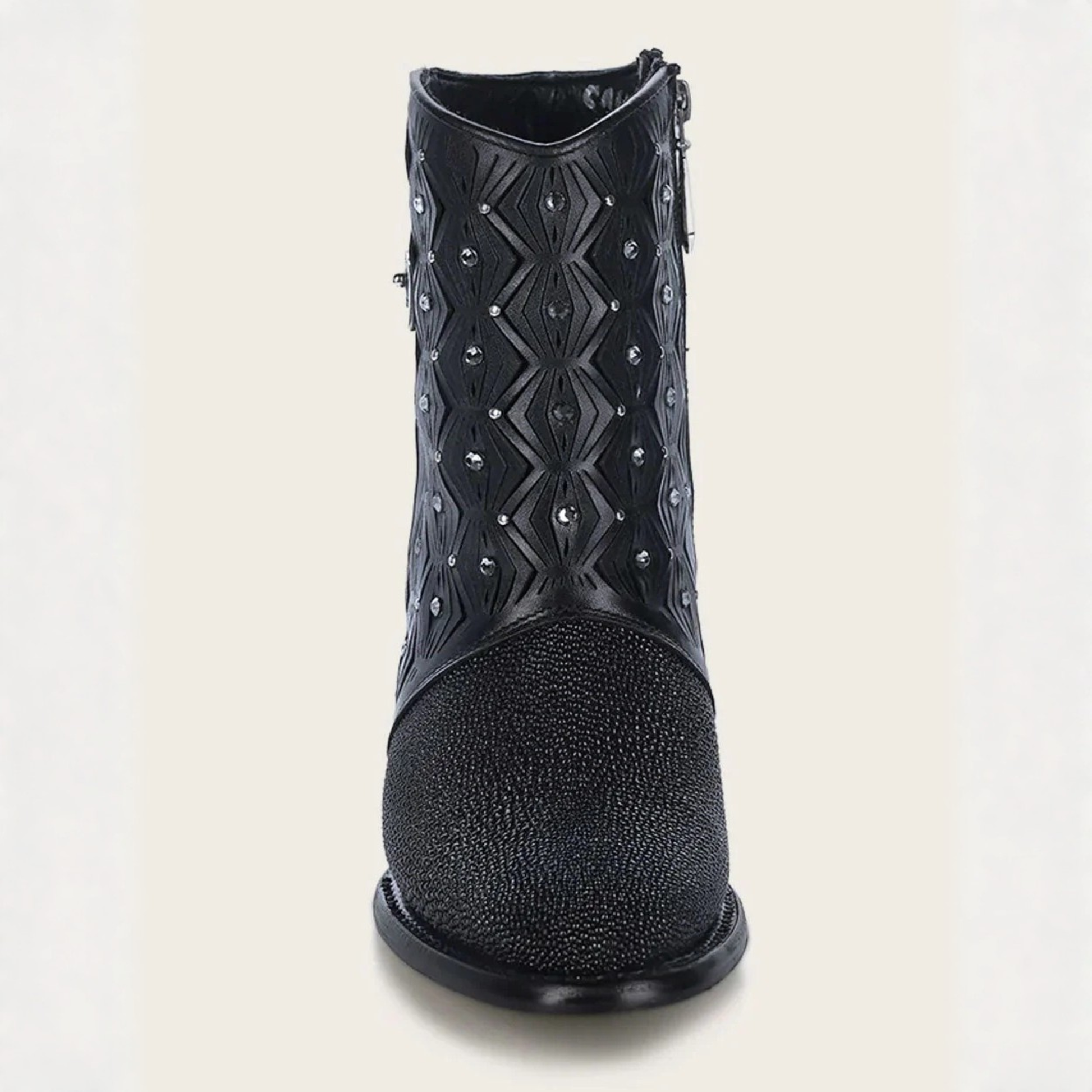 Cuadra Black Stingray Crystal Ankle Bootie front profile view