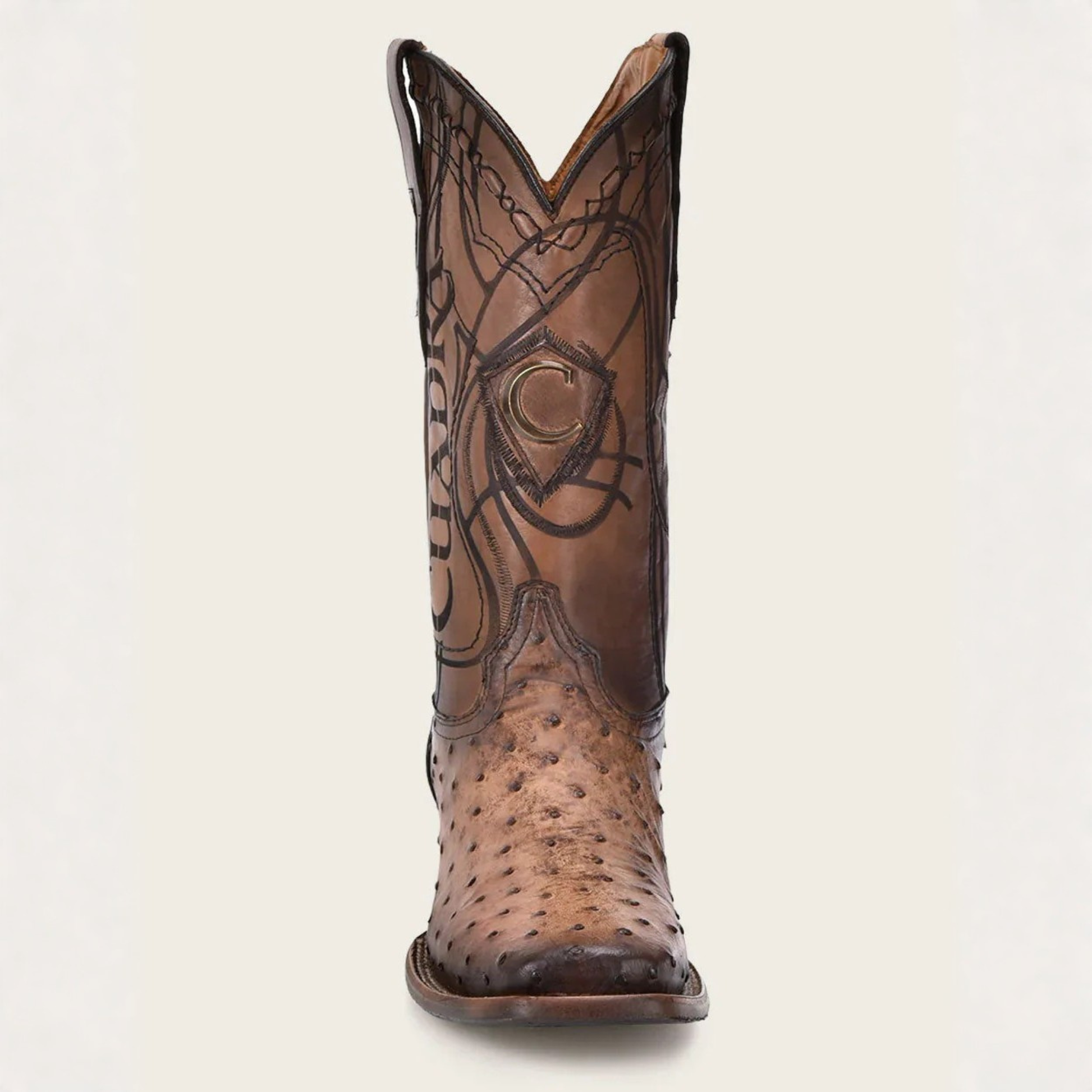 Cuadra Engraved Honey Ostrich Western Boot front shaft detail