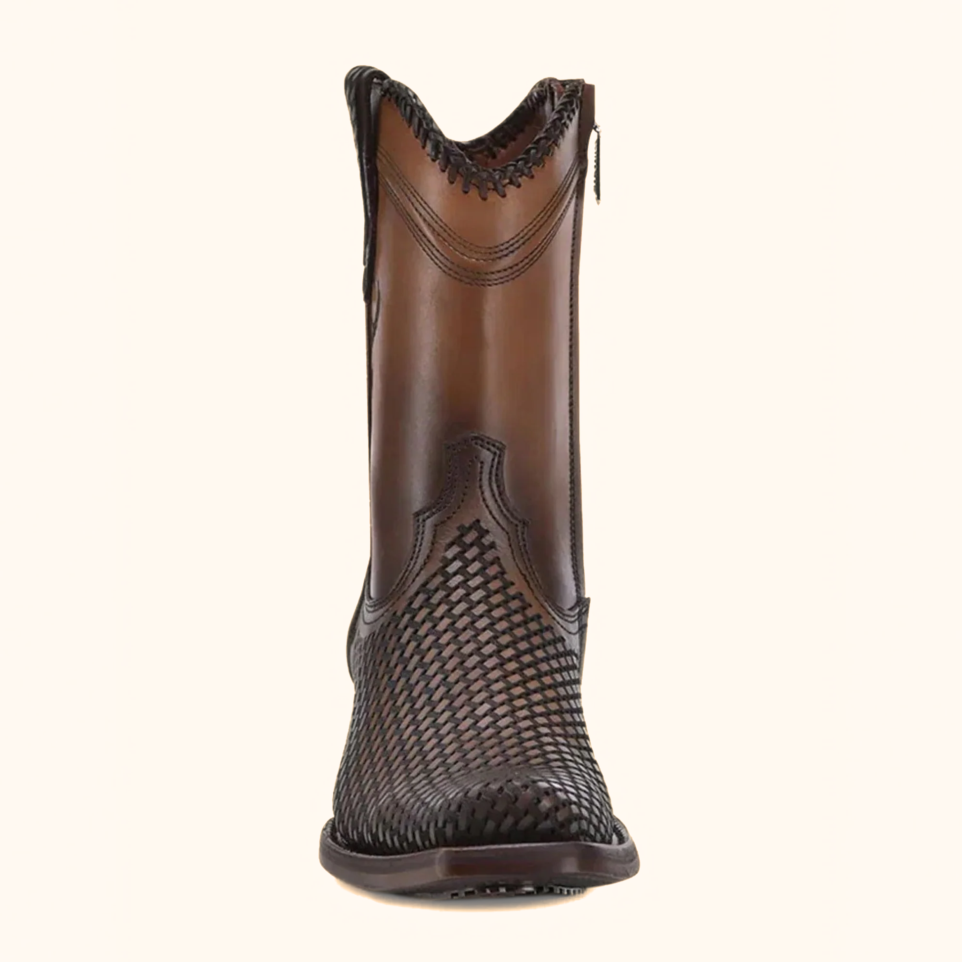Front view of Cuadra Denver Brown Laser & Woven Narrow Square Toe Boot