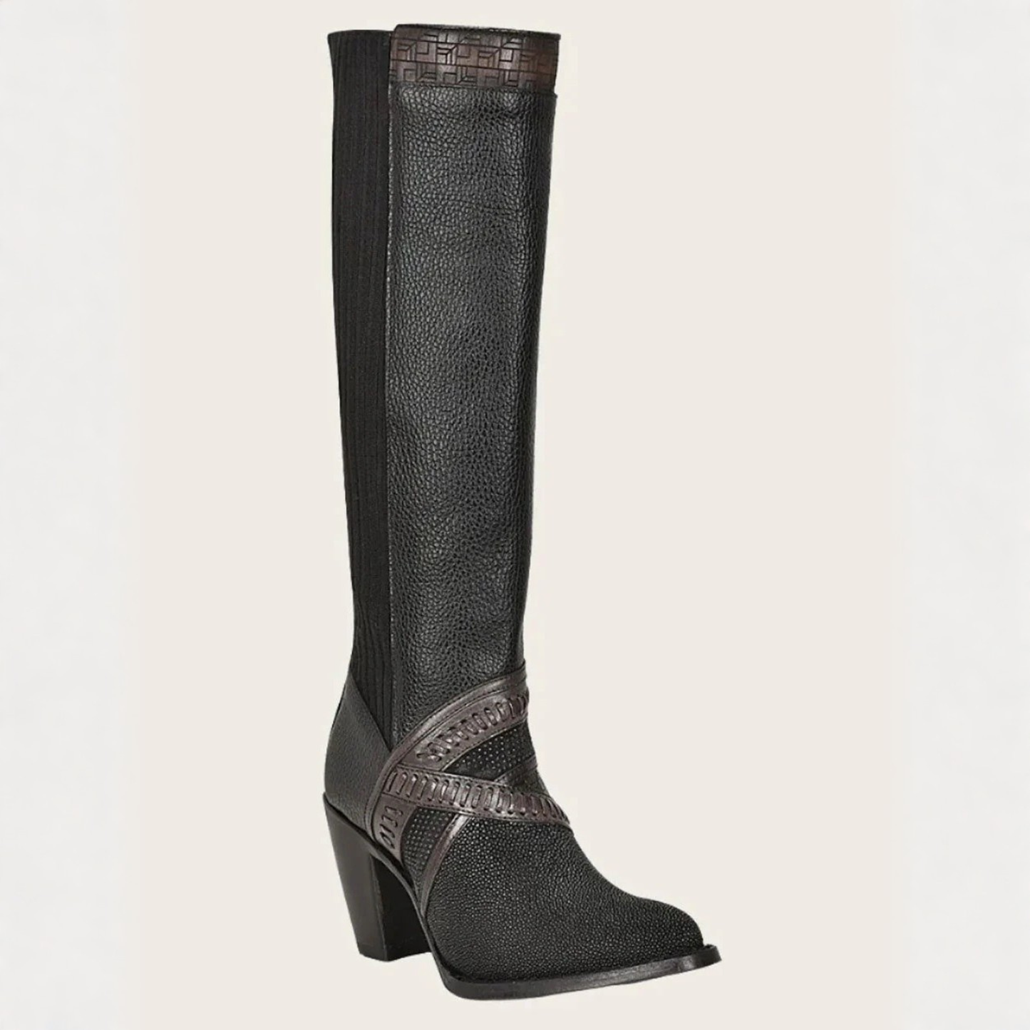 Front angled view of Cuadra Tall Black Stingray Boot