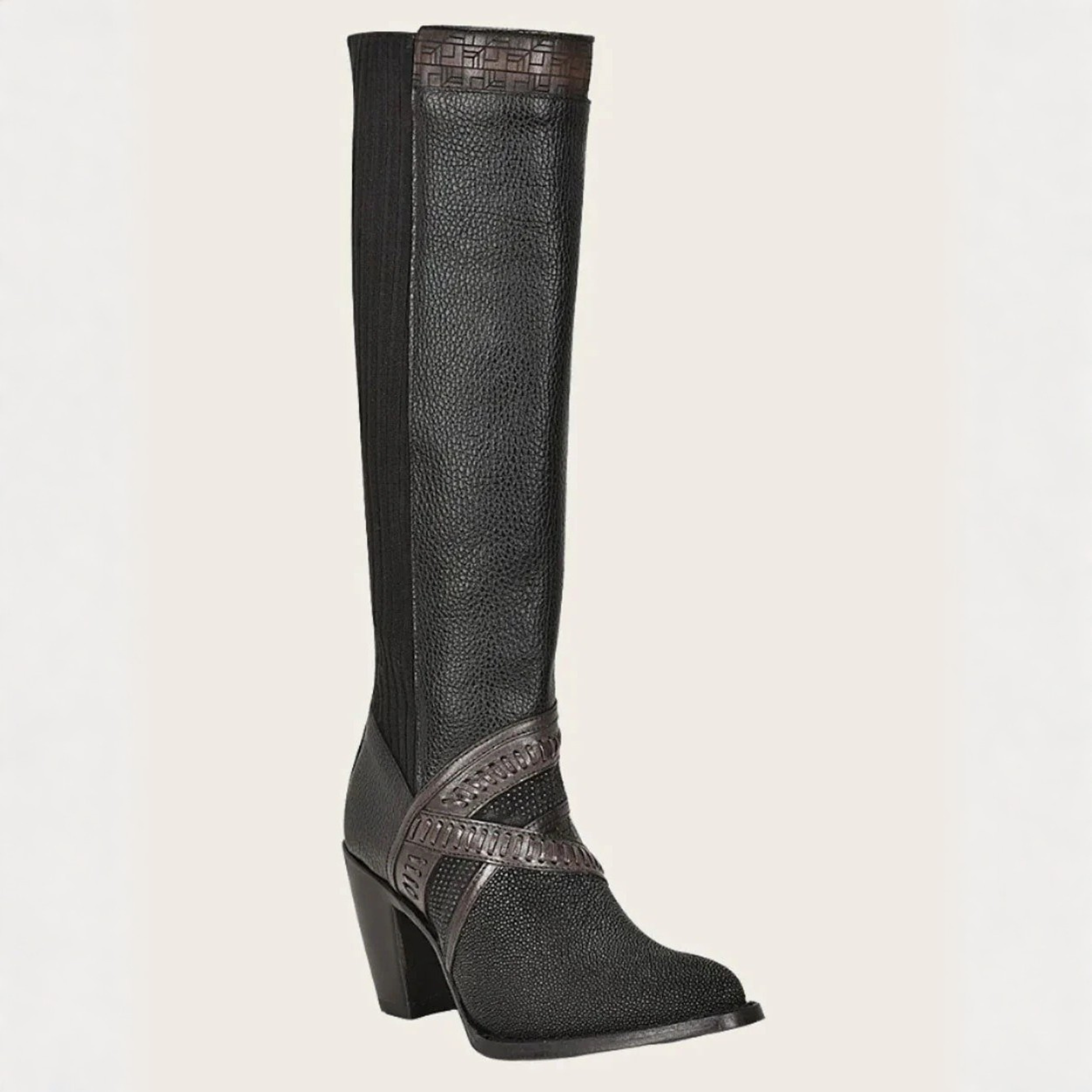 Front angled view of Cuadra Tall Black Stingray Boot