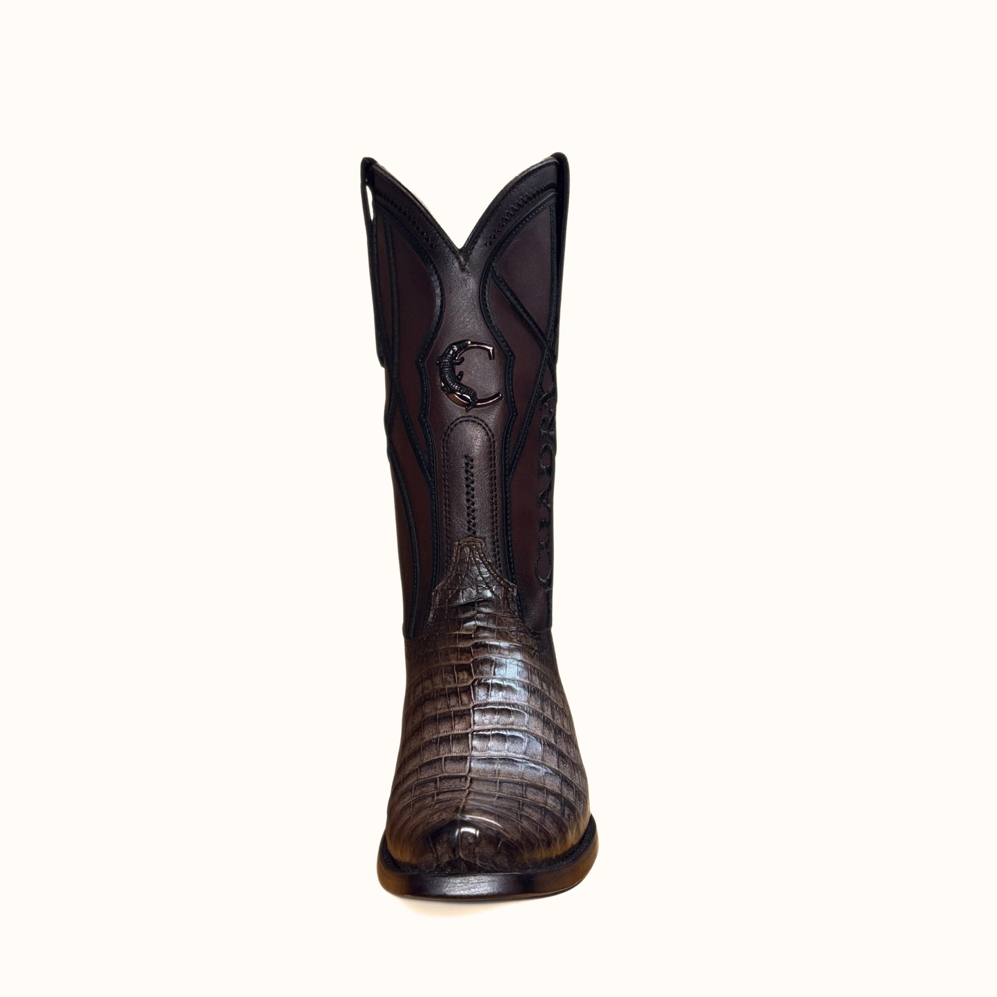 Cuadra Men’s Brown Caiman Embroidery and Woven Narrow Square Toe Boot front view showing narrow square toe