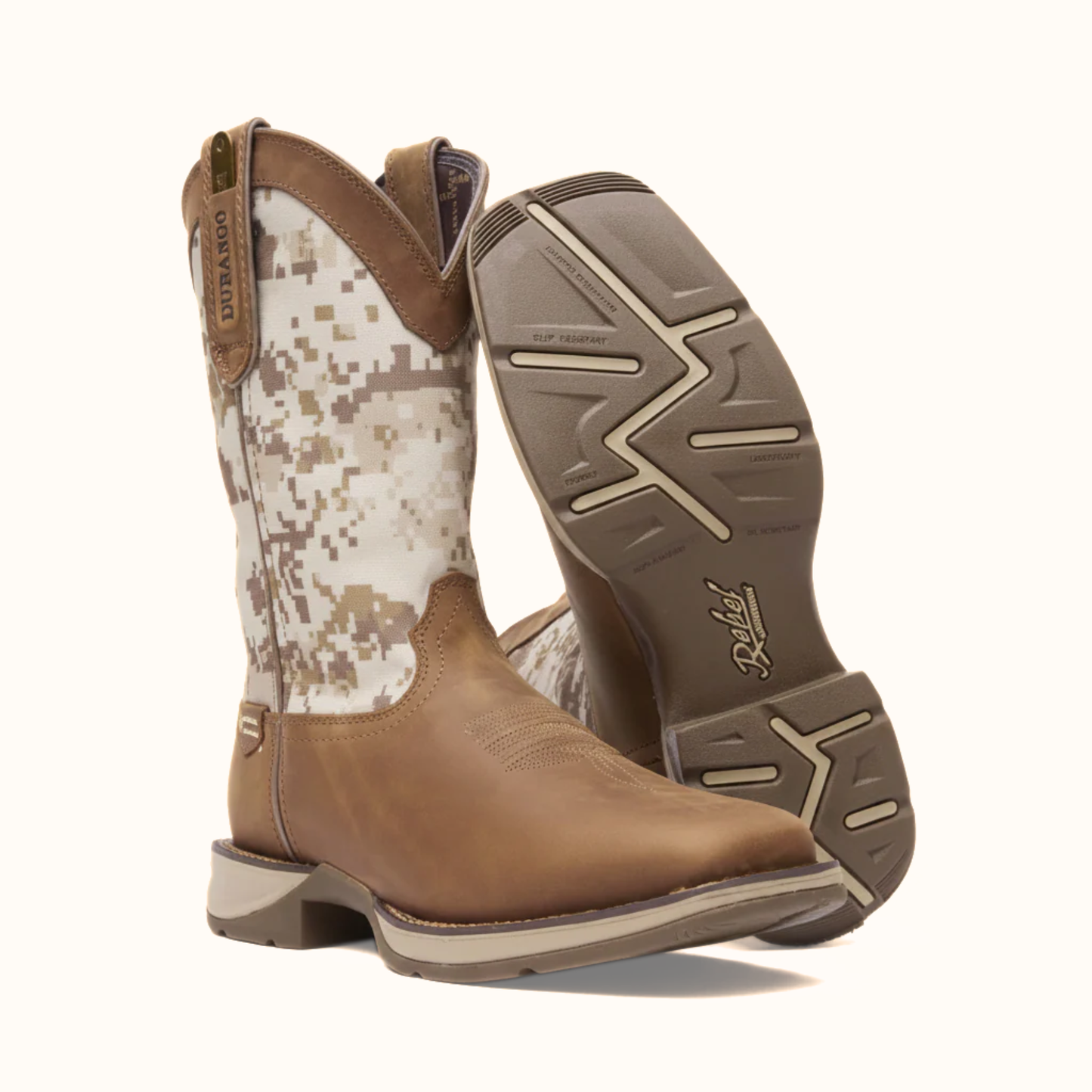 Pair of Durango Rebel Desert Camo Pull-On Western Boots in tan with camo shaft