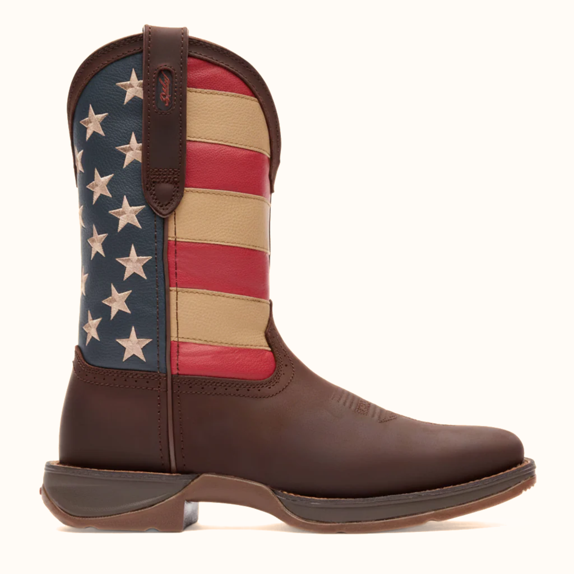 Durango Rebel Patriotic Pull-On Western Flag Boot side view in brown with American flag shaft