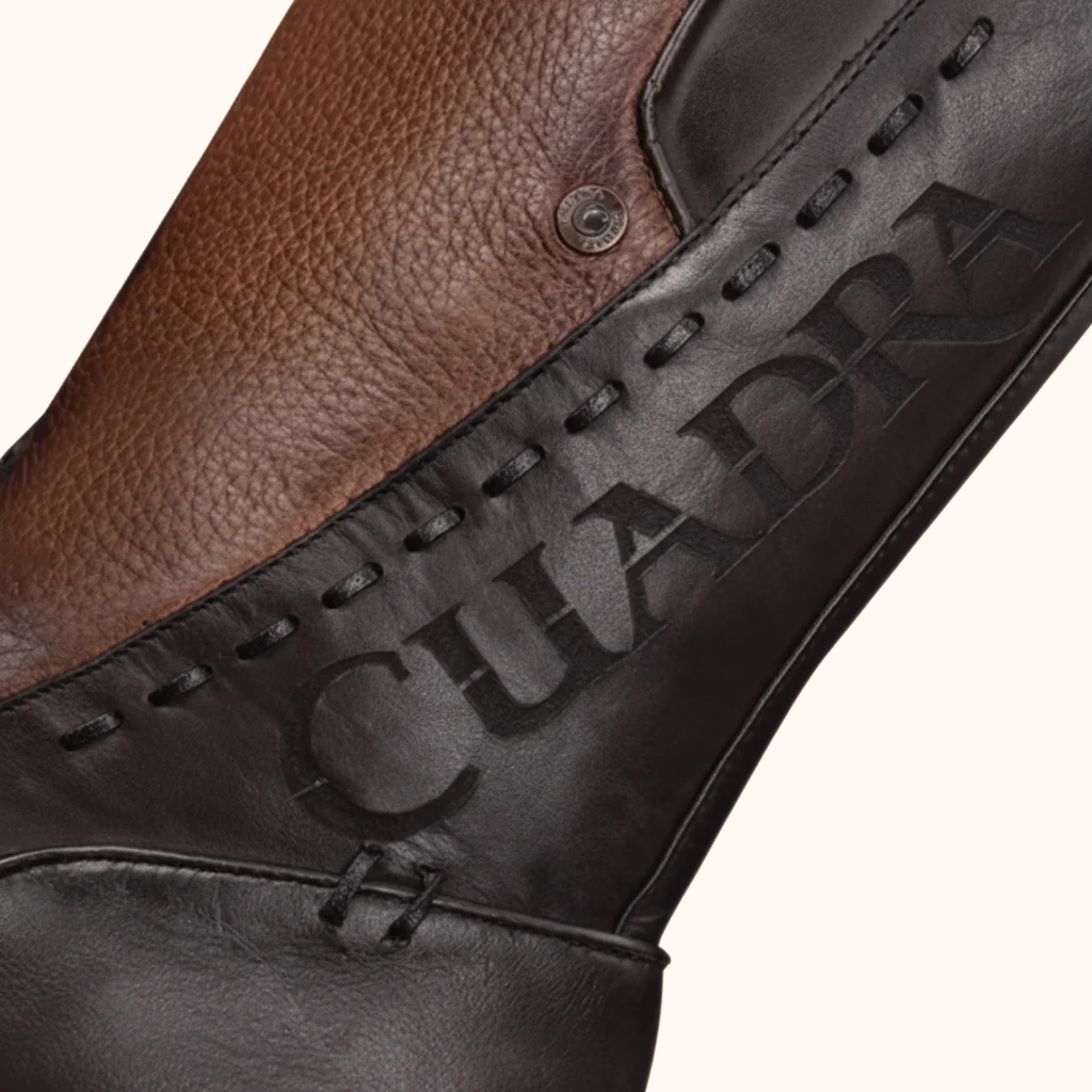 Close-up view of Cuadra Maple Deer Laser & Woven Round Boot laser-etched and woven leather detail
