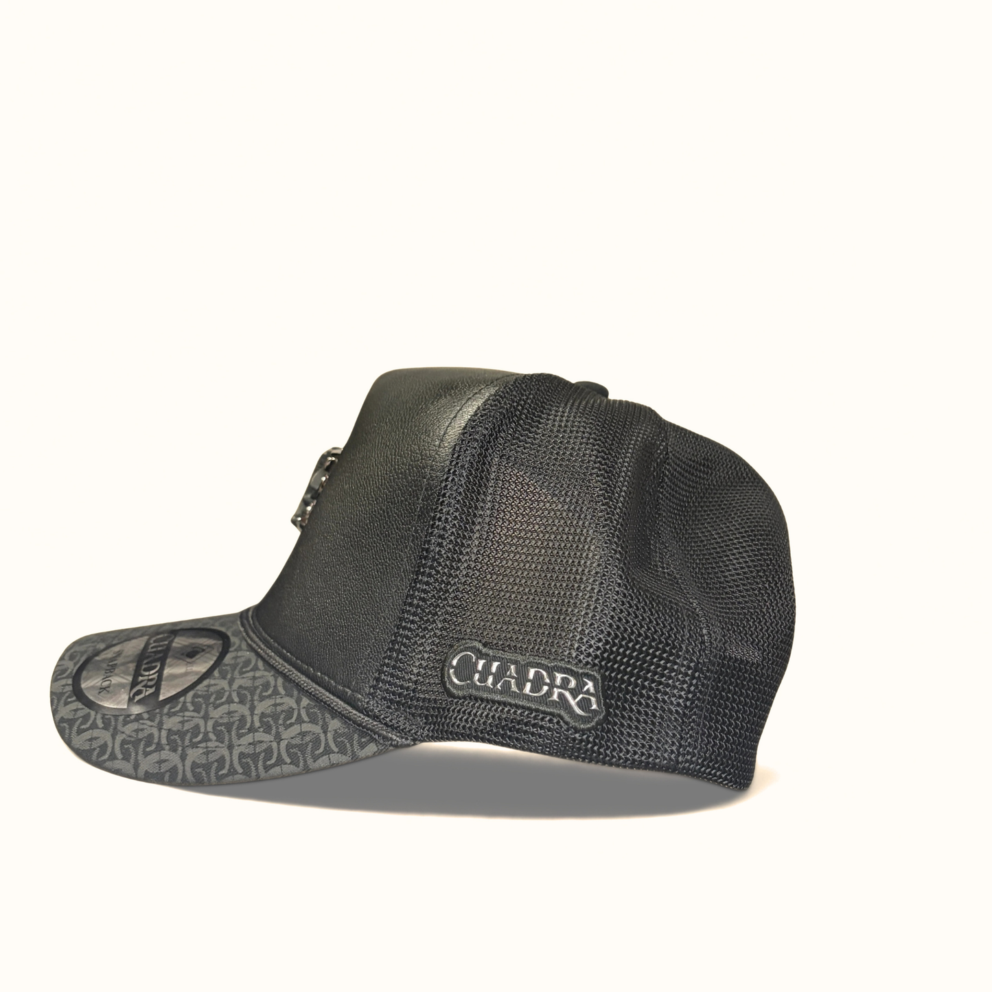 Cuadra Leather Logo Snapback Cap Black side view
