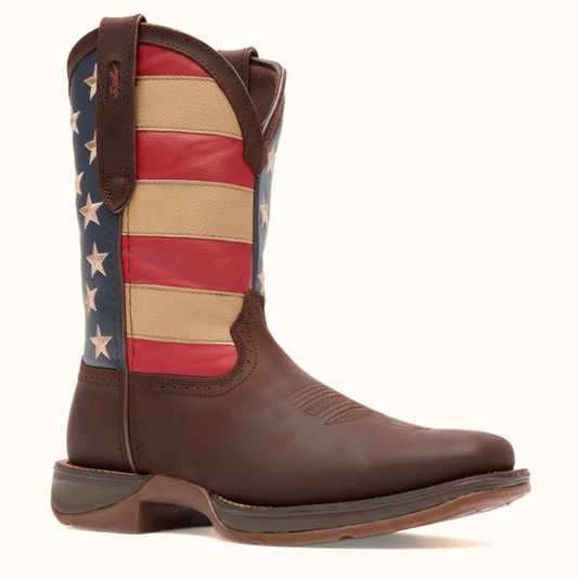 Durango Rebel Patriotic Pull-On Western Flag Boot angled side view in brown and red white blue shaft