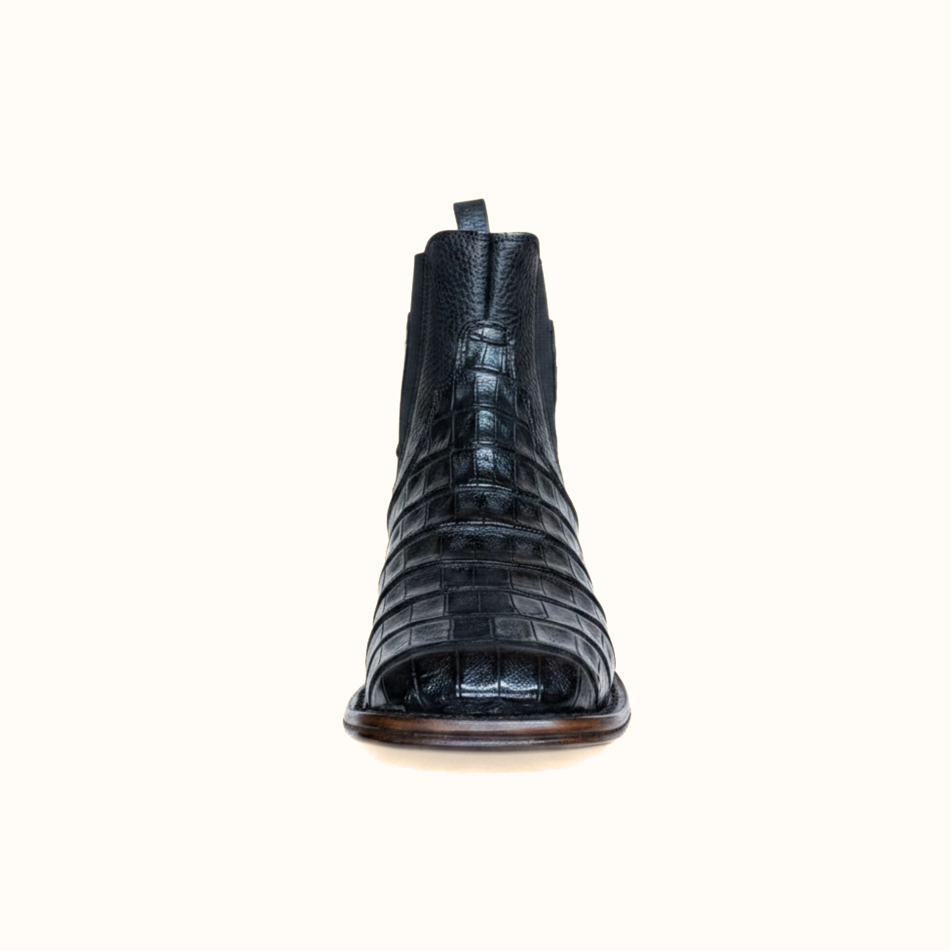 Vestigium Black Caiman Belly Boot front view showing toe shape