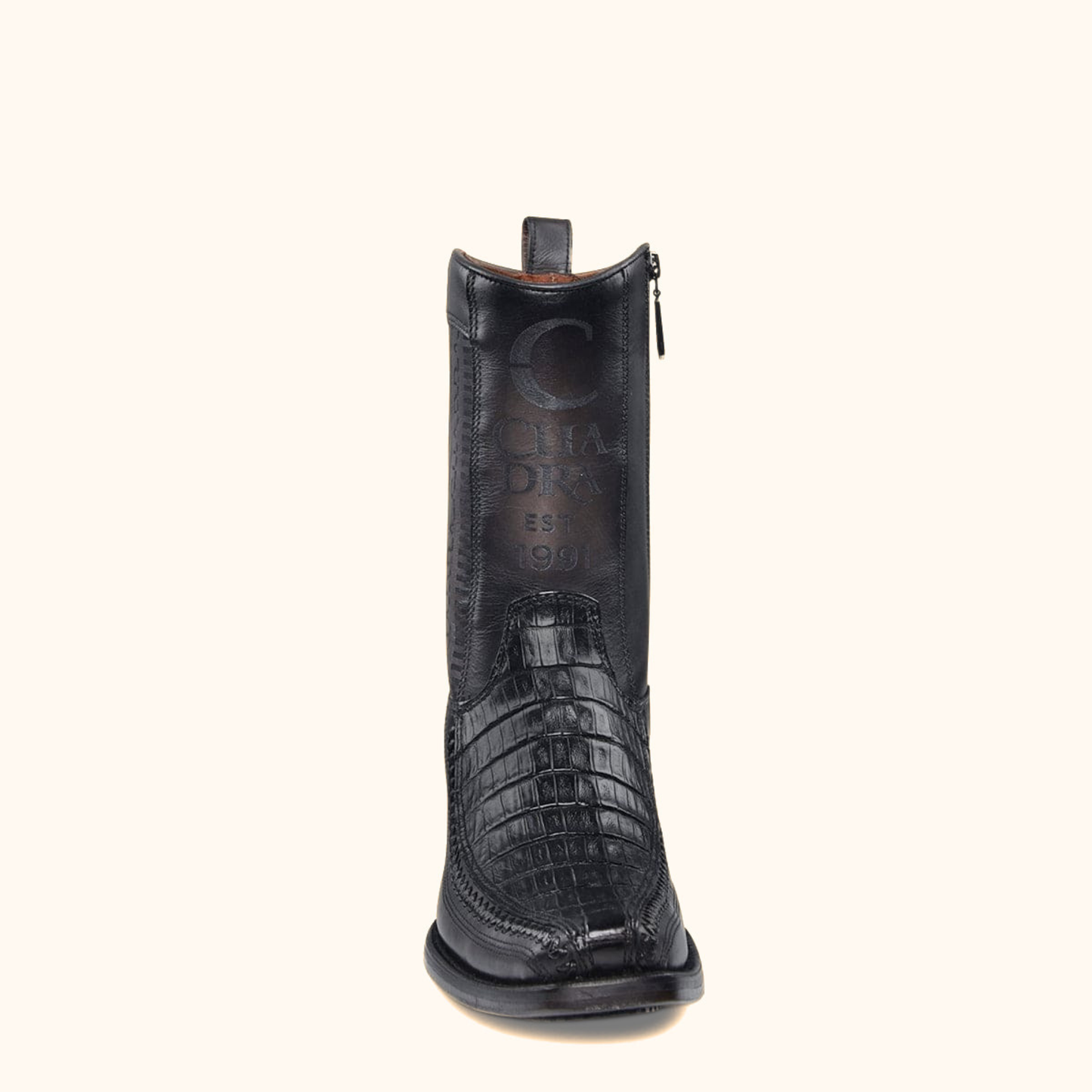 Front view of Cuadra Plunge Black Caiman Laser & Woven Narrow Square Toe Boot