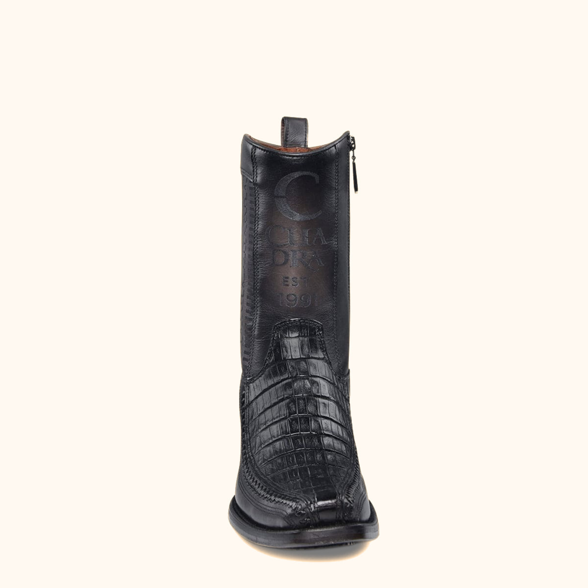 Front view of Cuadra Plunge Black Caiman Laser & Woven Narrow Square Toe Boot