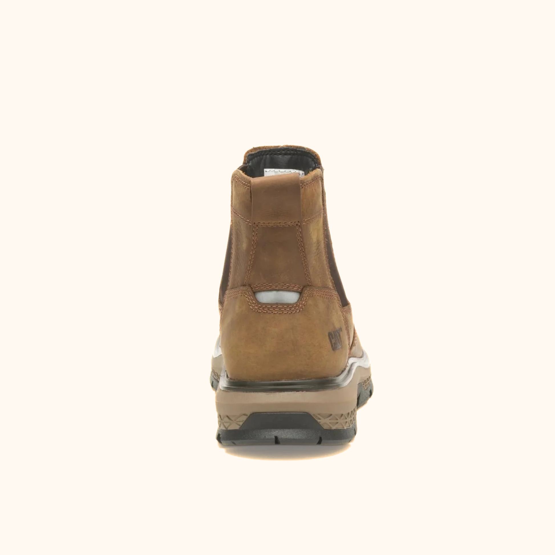 CAT Exposition Chelsea Work Boot back view showing toe shape