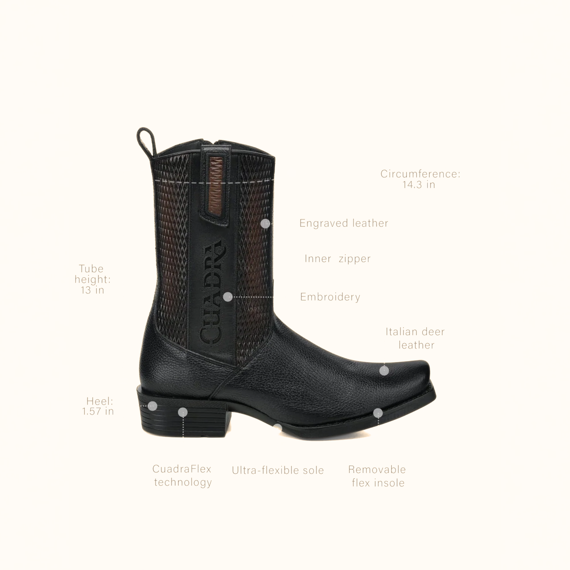 Cuadra Black Italian Deer Leather Urban Boots side view with dimensions