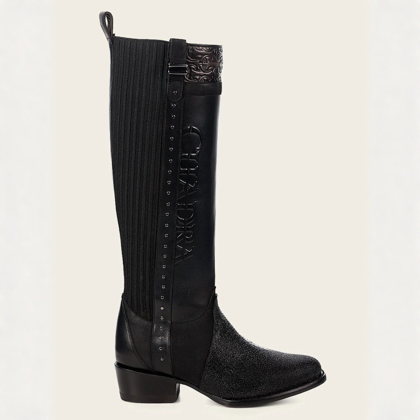 Cuadra Black Stingray Leather Knee High Boots side profile