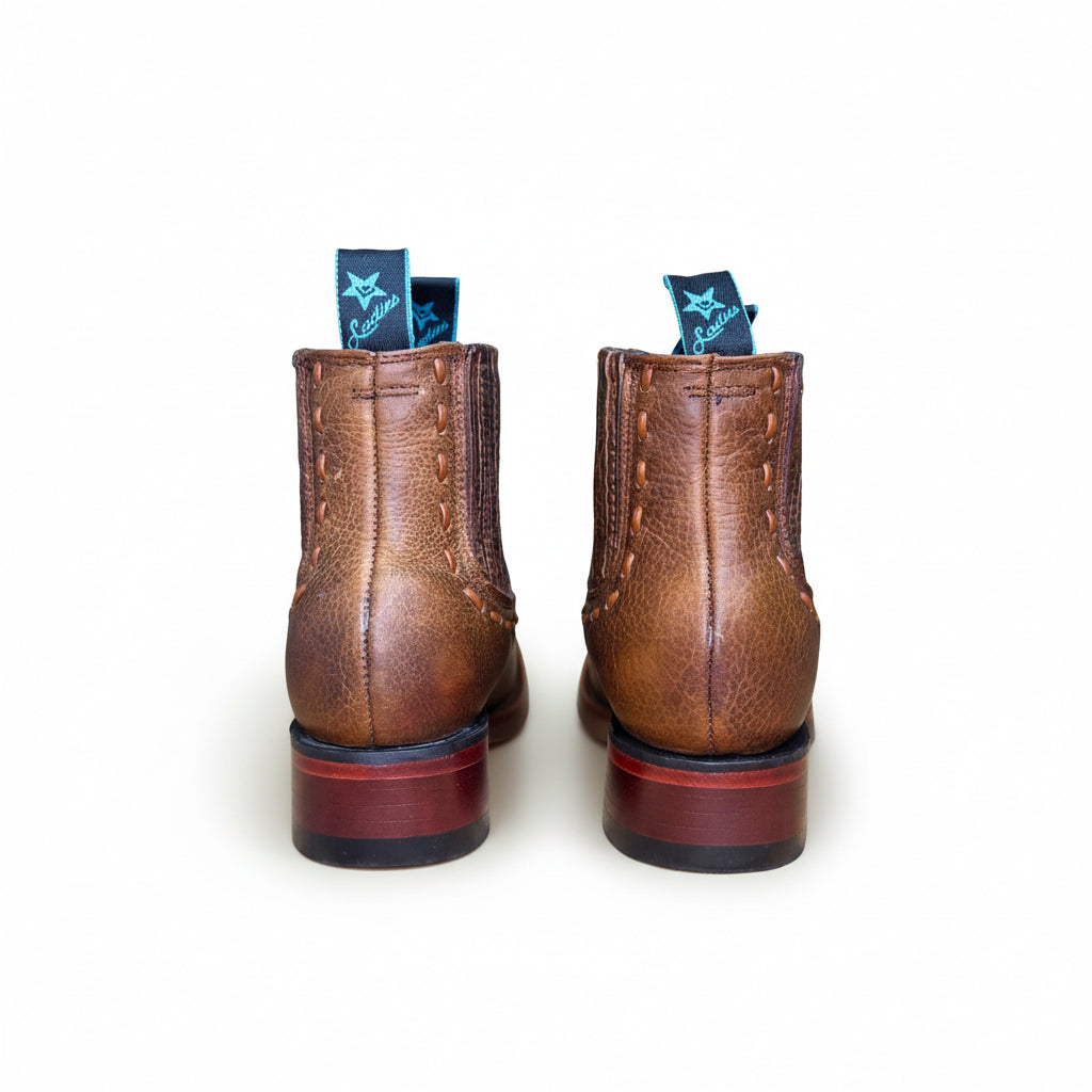 Rear view of Los Altos Rage Walnut Ankle Boot showing pull tabs