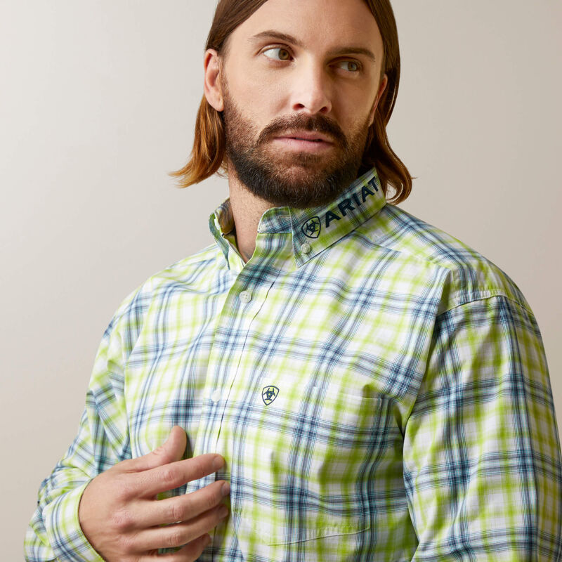 Close-up view of plaid pattern and shirt details