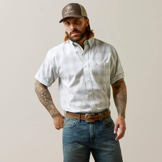 Ariat Pro Series Alec Classic Fit Shirt in white worn with blue jeans front view