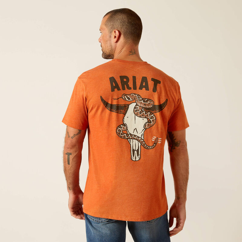 Back view of Ariat Rattler Skull T-Shirt in orange featuring large rattlesnake skull graphic