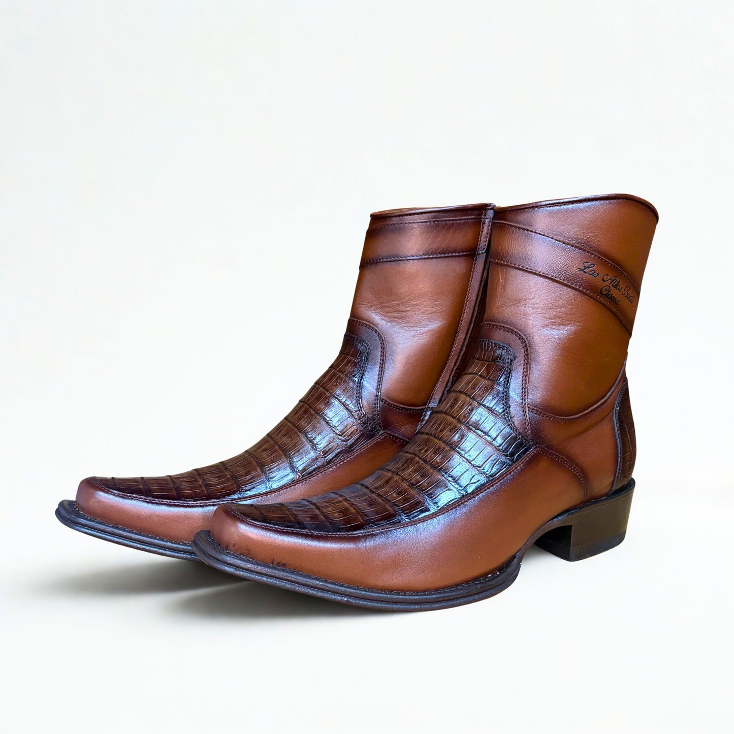 Bota de Caimán Marrón Descolorido de Punta Cuadrada Estrecha