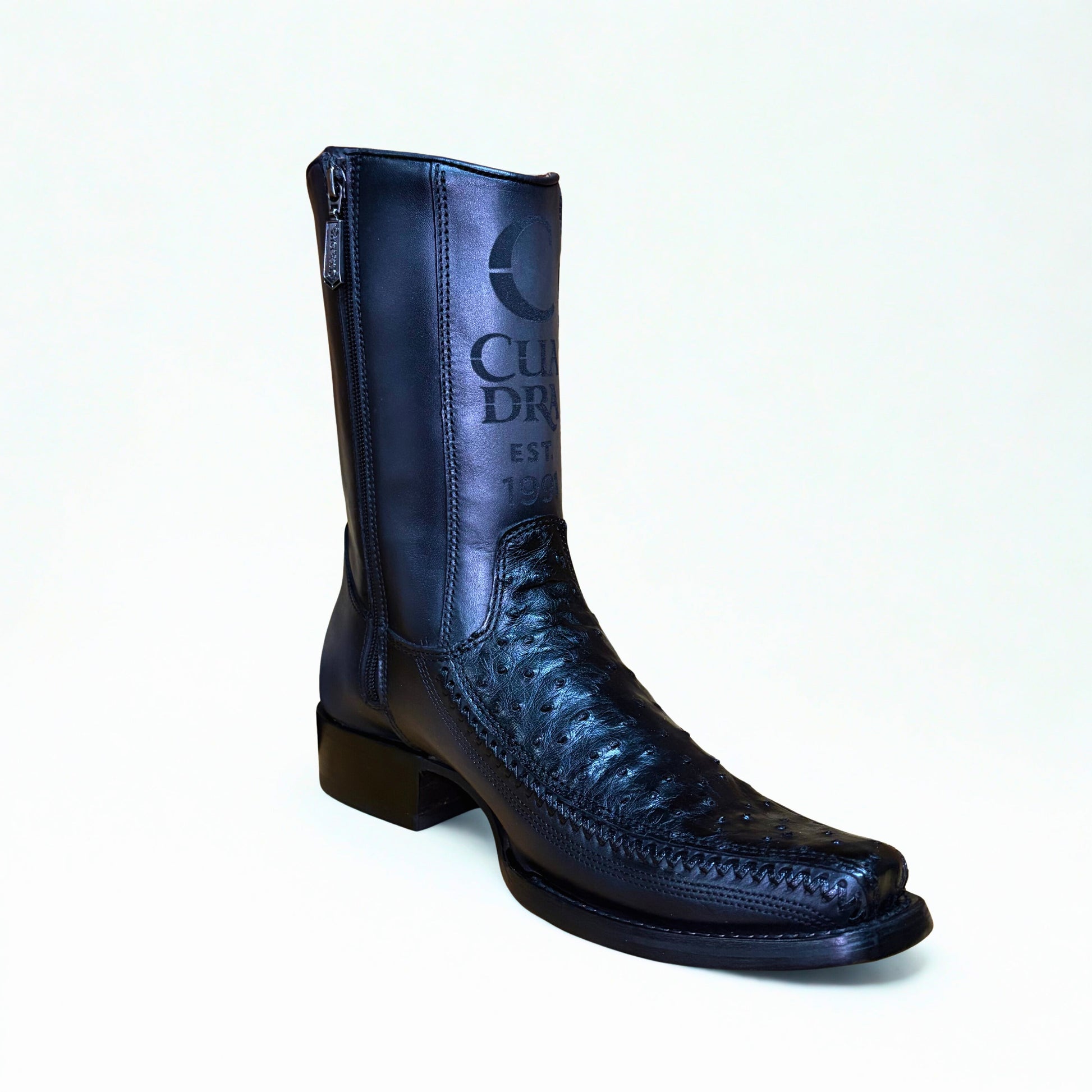 Cuadra Black Ostrich Lazer & Woven Narrow Square Toe Boots angled view in black leather