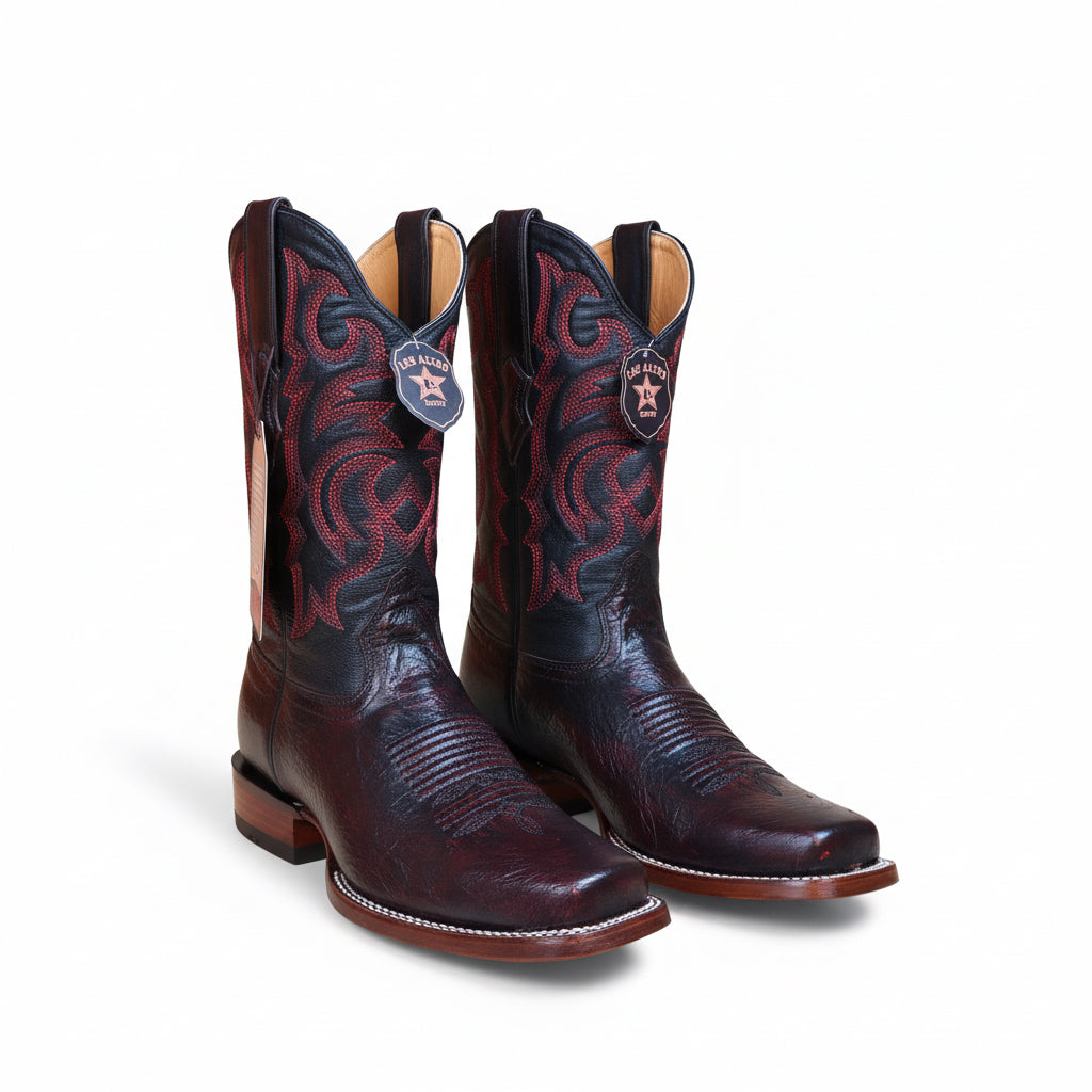 Los Altos smooth ostrich black cherry rodeo square toe boot front angle pair