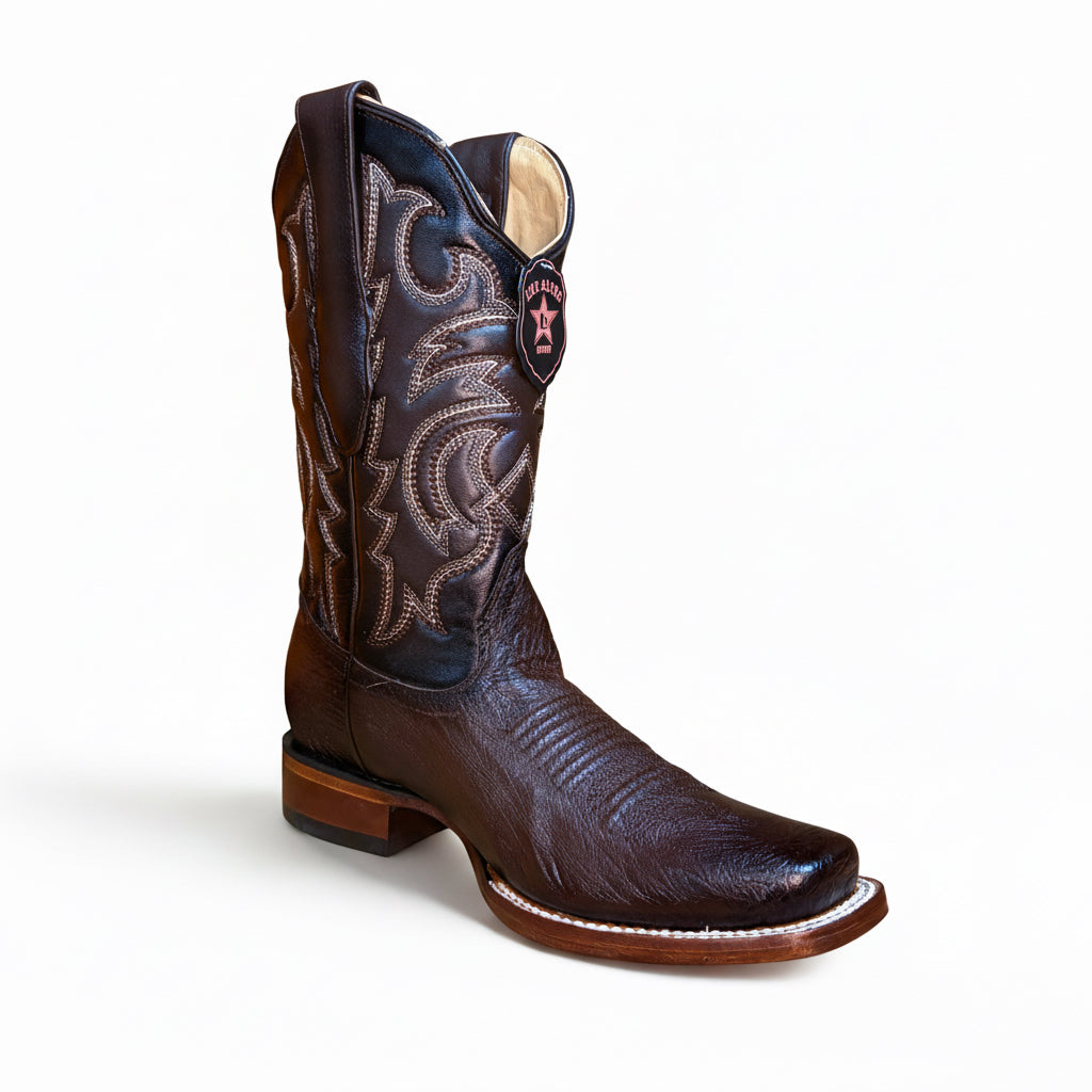 Los Altos smooth ostrich faded brown rodeo square toe boot front angle view