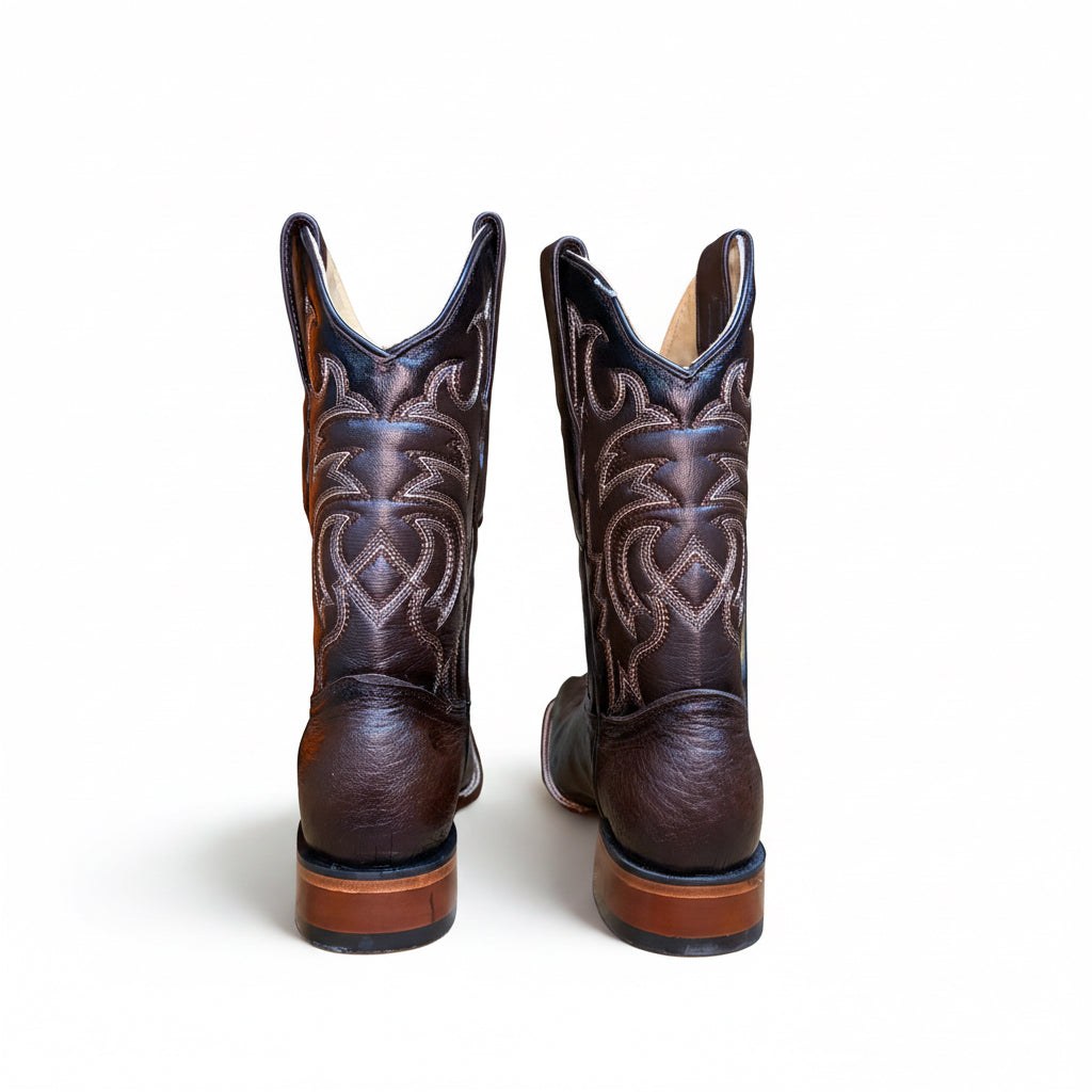 Los Altos smooth ostrich faded brown rodeo square toe boot back pair view