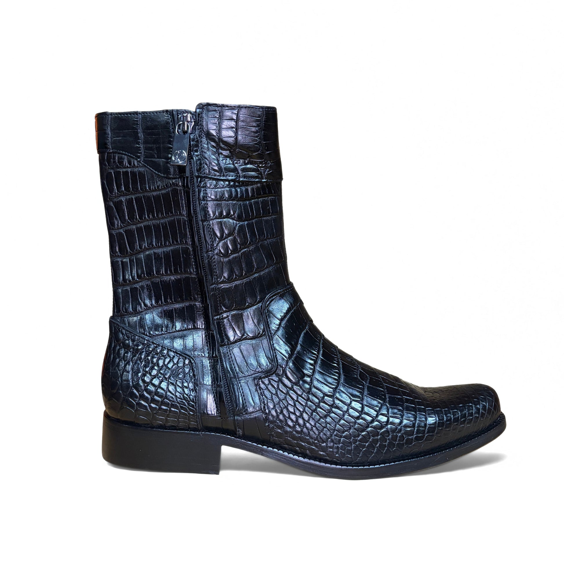 Cuadra Men’s Black Alligator Zipper Round Toe Boot opposite side view in black exotic leather