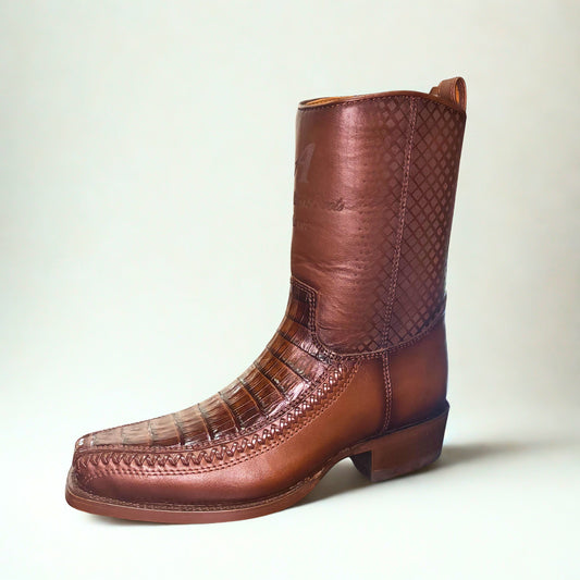 Brown caiman belly Western boot angled view