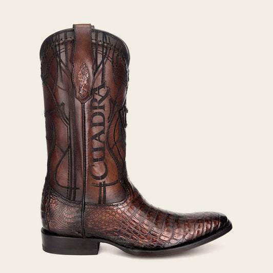 Laser Engraved Exotic Brown Leather Cowboy Boot